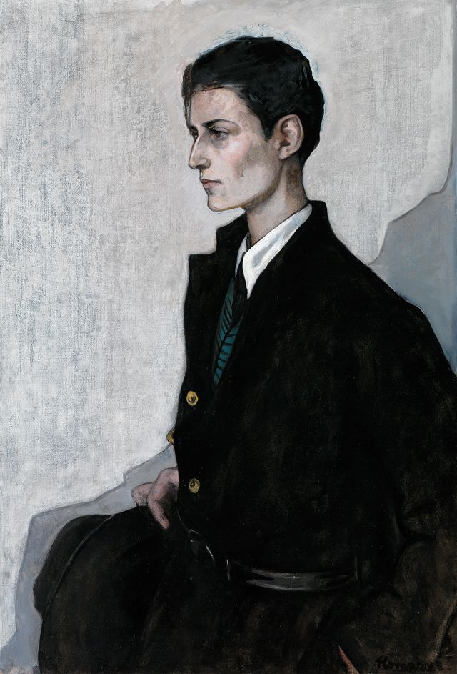 Romaine Brooks' Peter (A Young English Girl) is a painting of a figure dressed in mostly black looking outside the frame of the portrait.