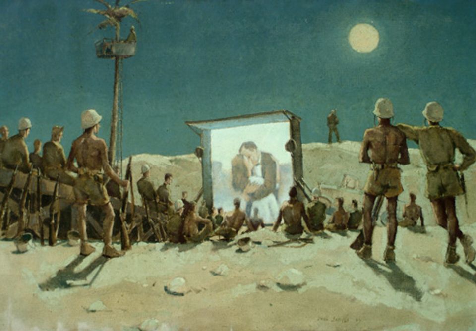 Sample's oil painting of soldiers watching a movie in the desert.