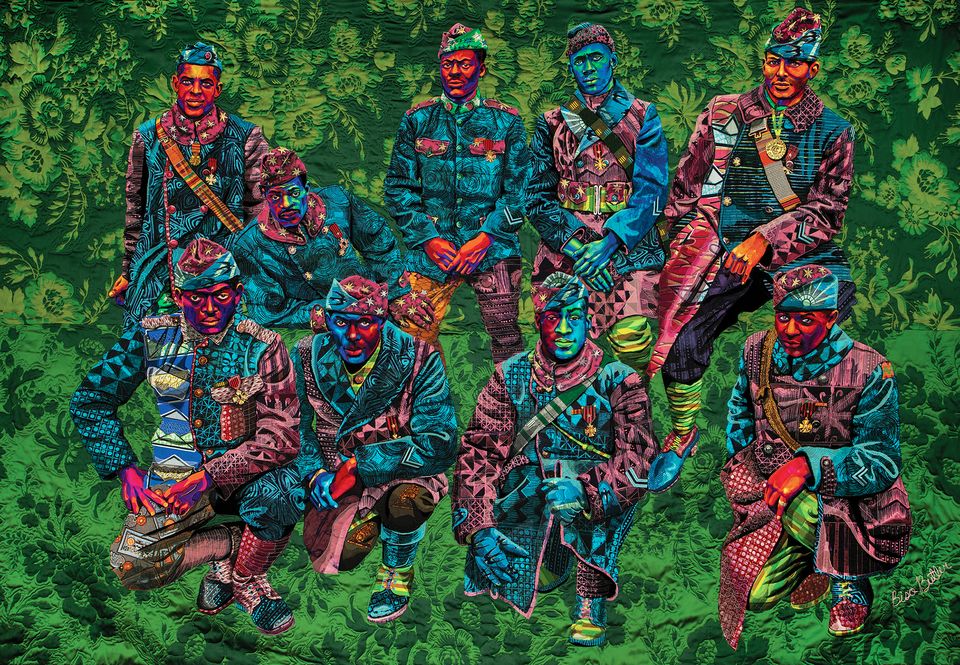 Multimedia artwork featuring eight African American soldiers