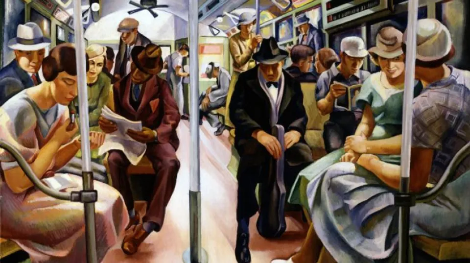 WPA painting of people on a New York City subway