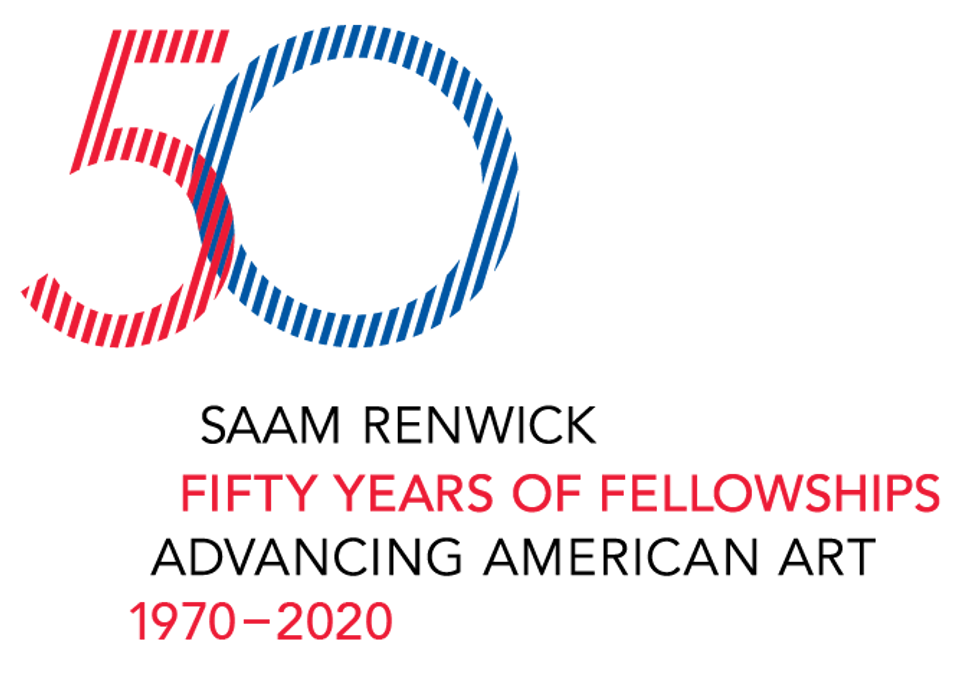 A logo for the 50th anniversary of the fellowship program at the Smithsonian American Art Museum in blue, red, and black.