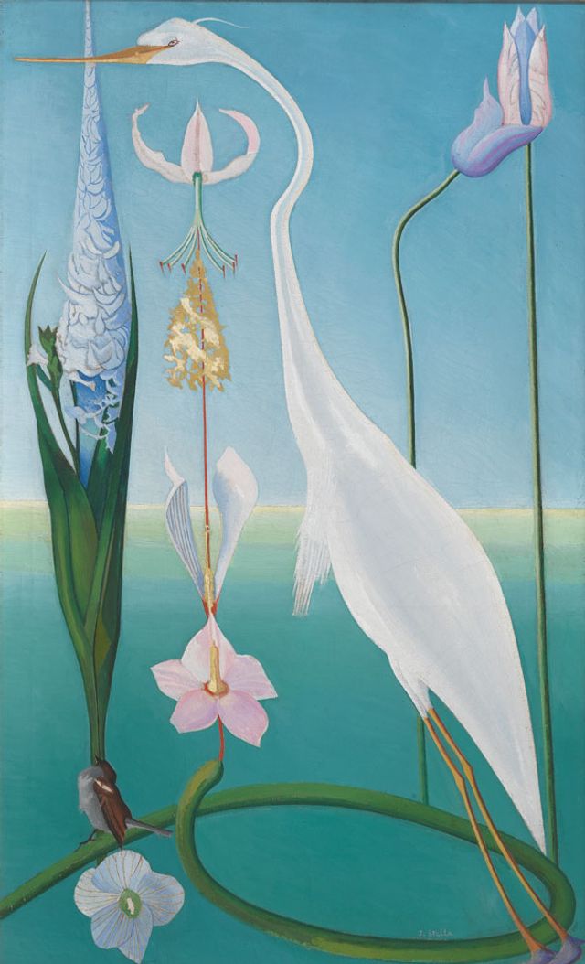 A painting of a white heron with flowers.