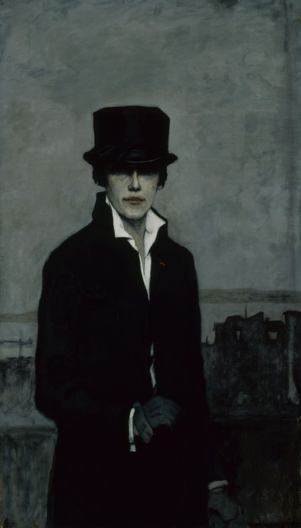 Romaine Brooks' Self-Portrait is a self portrait of the artist wearing a top hat, black jacket and black gloves.