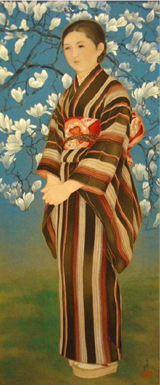 A painting of a woman standing with a flowering tree behind her.