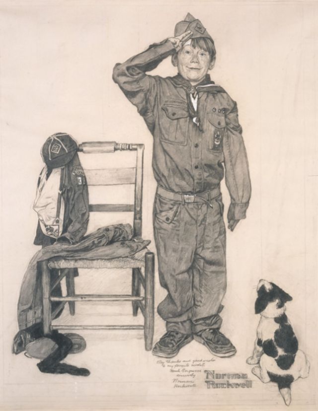 Rockwell's charcoal on paper of a boy dressed in a baggy Boy Scout uniform.