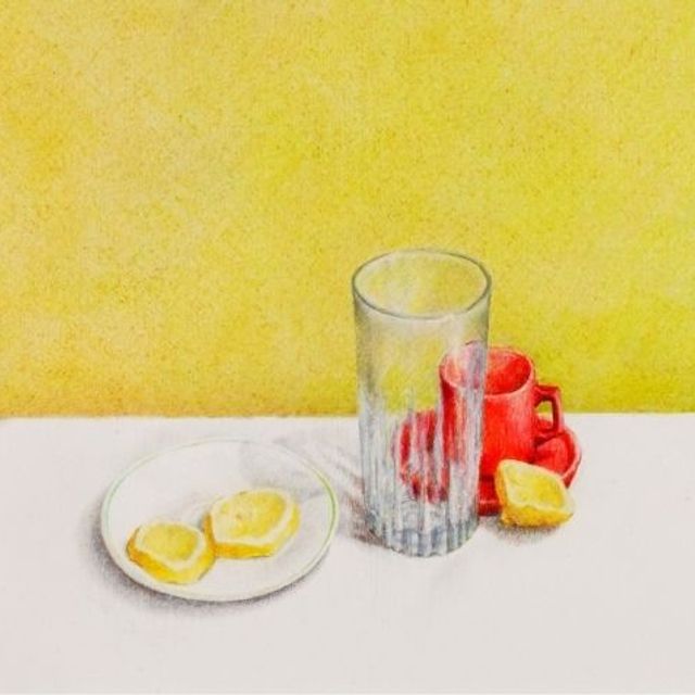 Painting of a glass with lemon slices on a white plate next to a red cup and saucer.