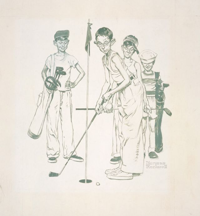 Rockwell's oil and pencil on canvas of four boys playing golf.