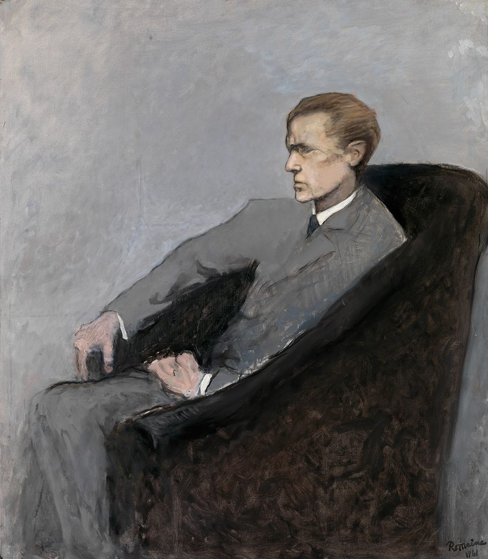 Romaine Brooks' Le Duc Uberto Strozzi is a painting of a man wearing a grey suit seated in a chair.