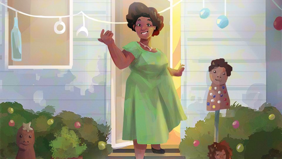 An African American woman is stepping out of a front door. She is smiling and waving. A child mannequin stands to her side.