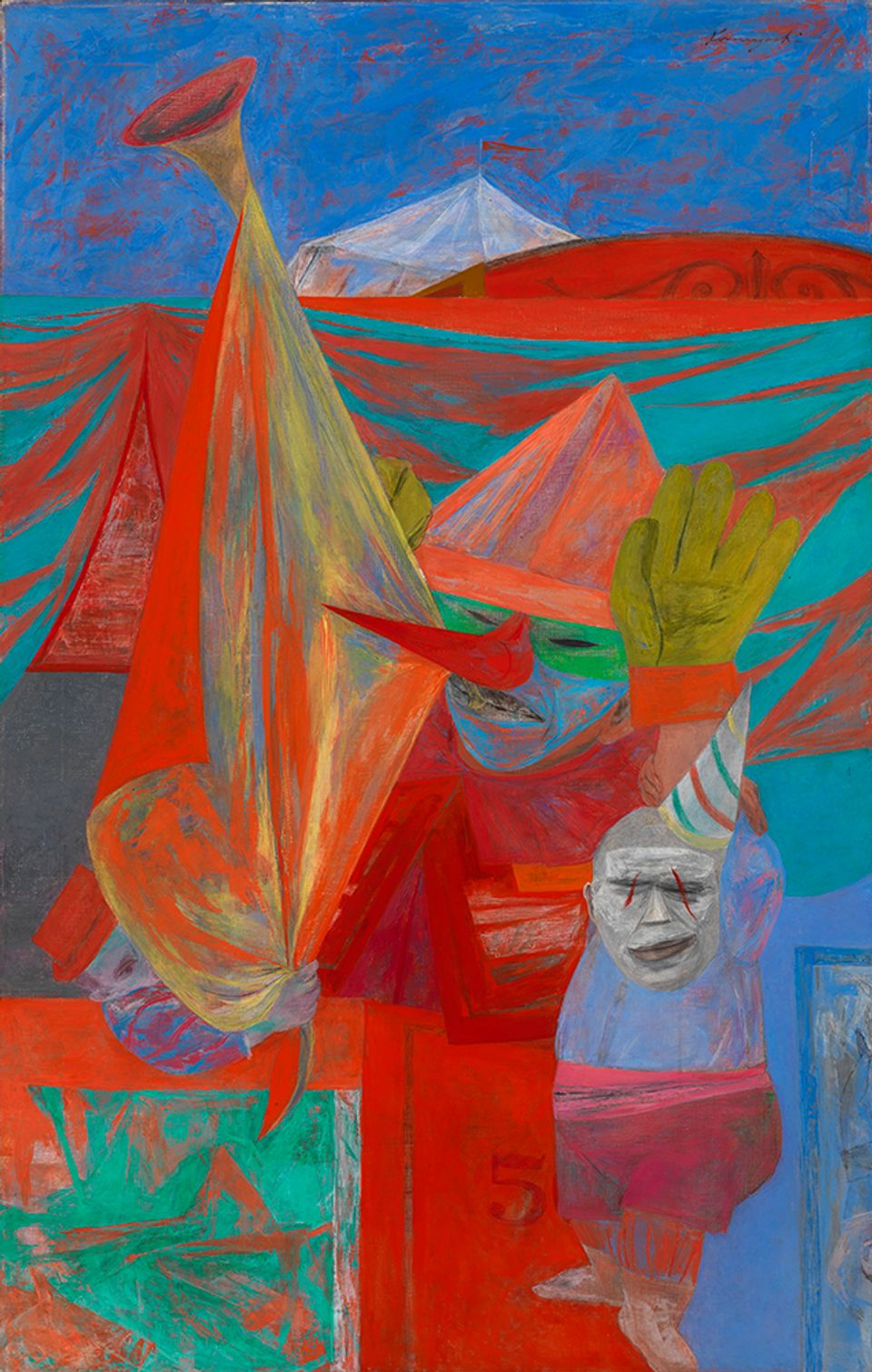 A colorful painting of two clown figures.