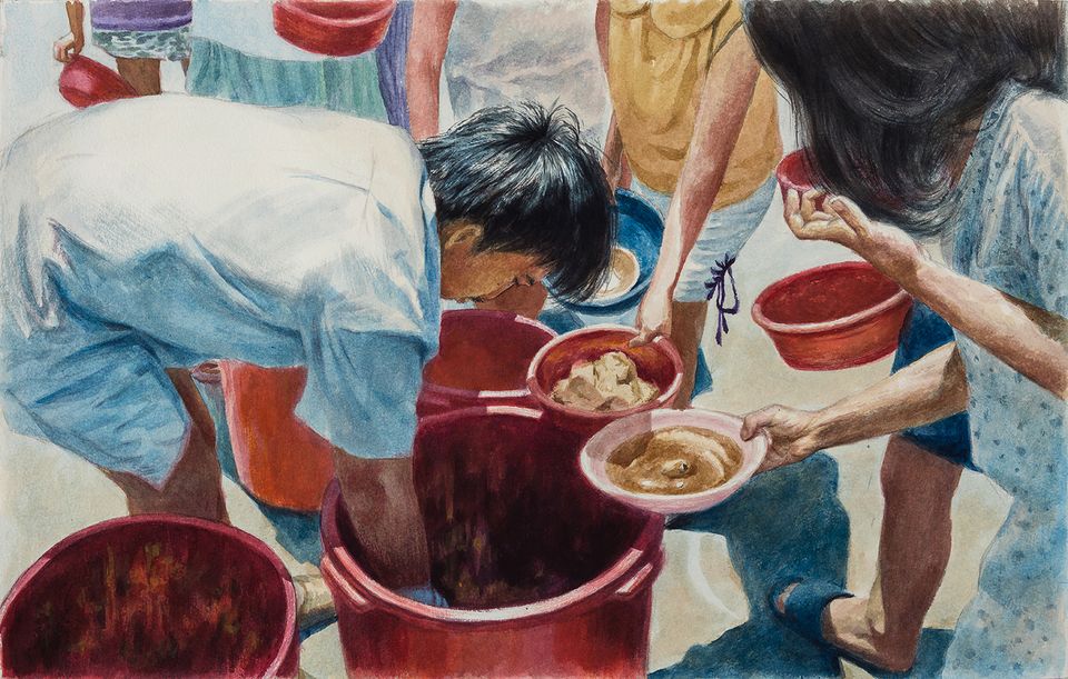 A painting of a man getting food out of a bucket to feed others. 