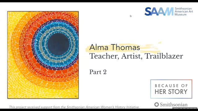 A powerpoint slide showing Alma Thomas's artwork and the title of the educational program