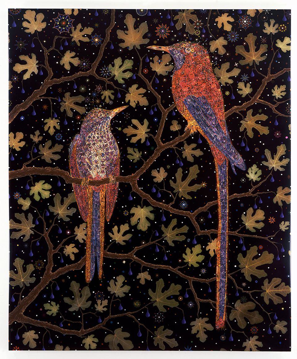 A collage of two birds on a tree. 