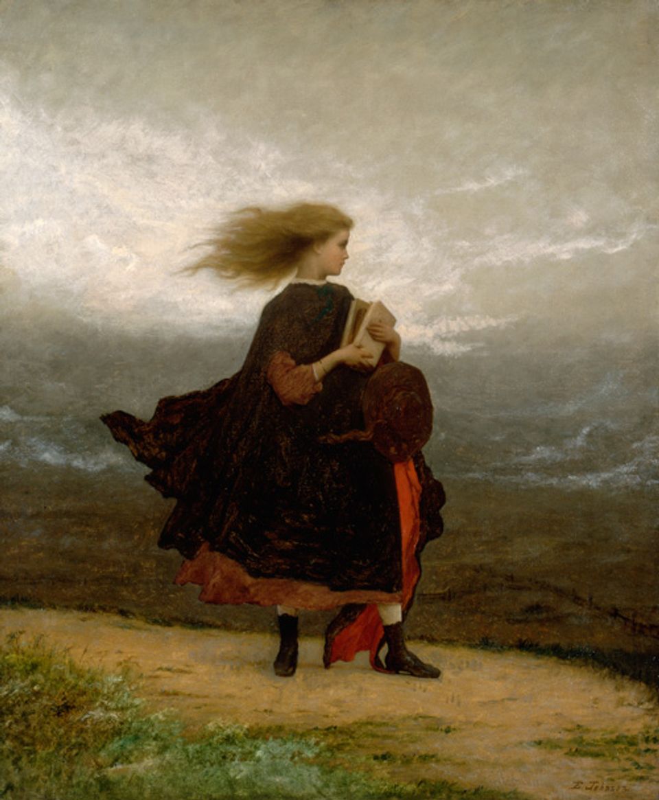 Johnson's oil on canvas of a girl on the top of a hill dressed in a dress and overcoat with the wind blowing her hair.