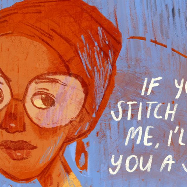 Illustrated comic cover. On the left is a close up of an African American woman wearing a headwrap, large glasses, and earrings. On the right is the title "If You Stitch With Me, I'll Tell You A Story."