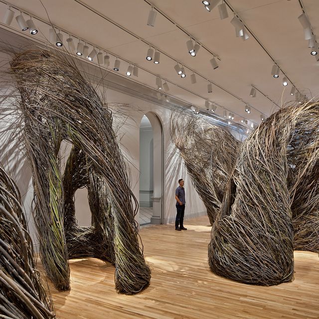 A gallery shot of Patrick Dougherty's woven sculptures.