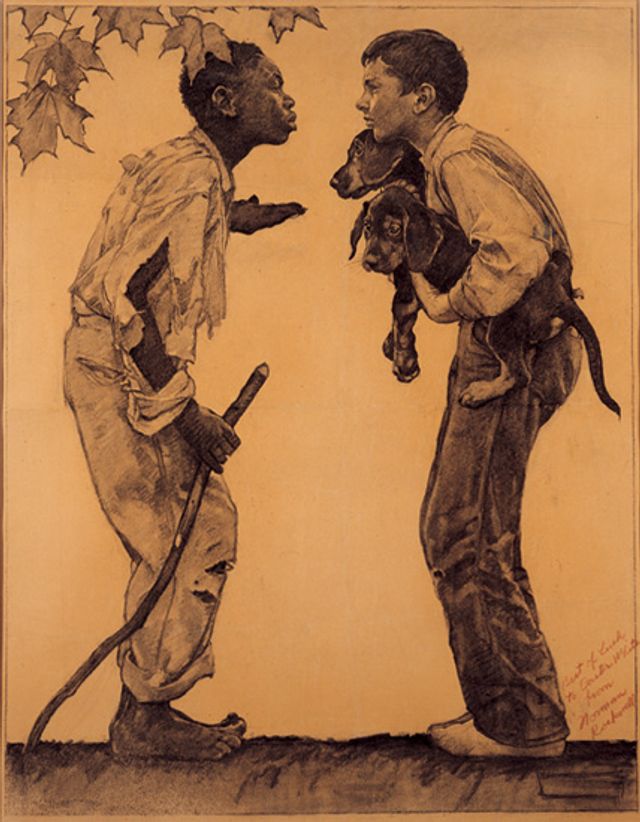 Rockwell's oil on canvas of a black boy in torn clothes and no shoes talking to a white boy with two dogs and nicer clothes.