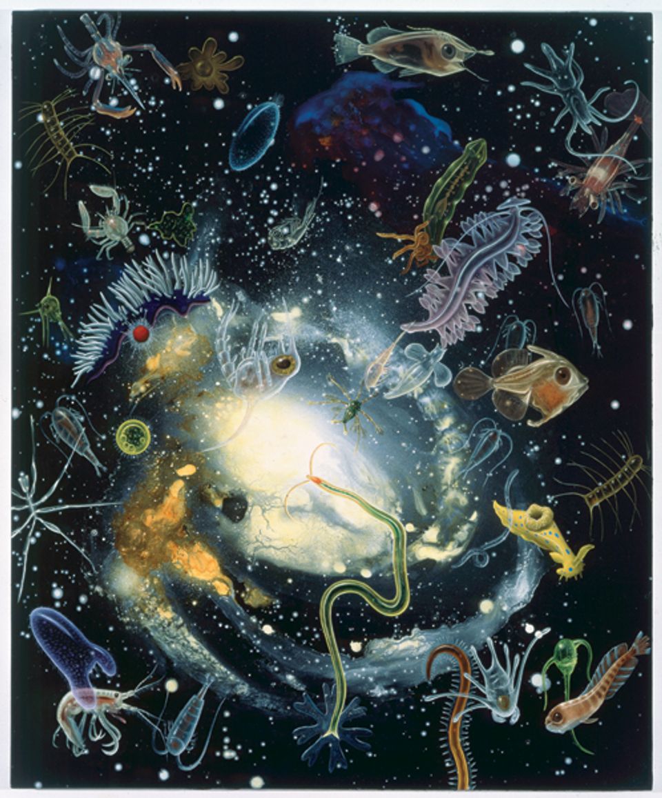 Rockman's oil painting of different types of creatures in space.