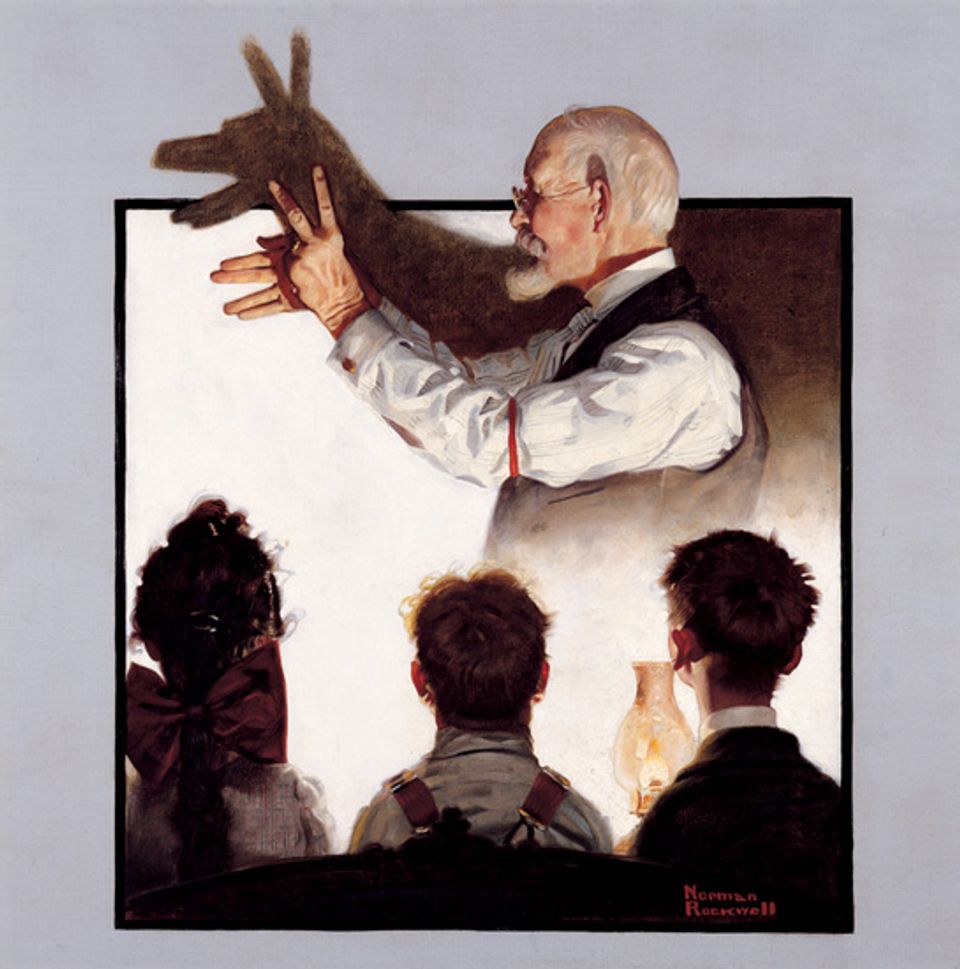 Rockwell's oil on canvas of a man creating shadow puppets with children watching.