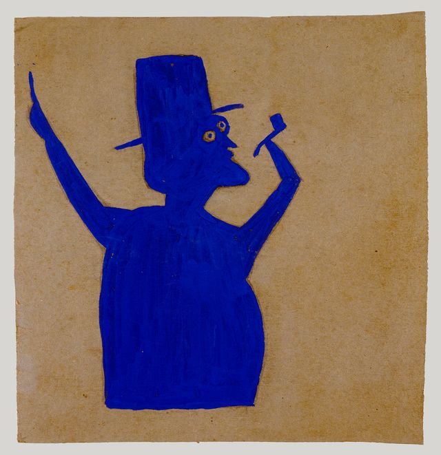 A silhouette of a man in blue with a pipe and hat.