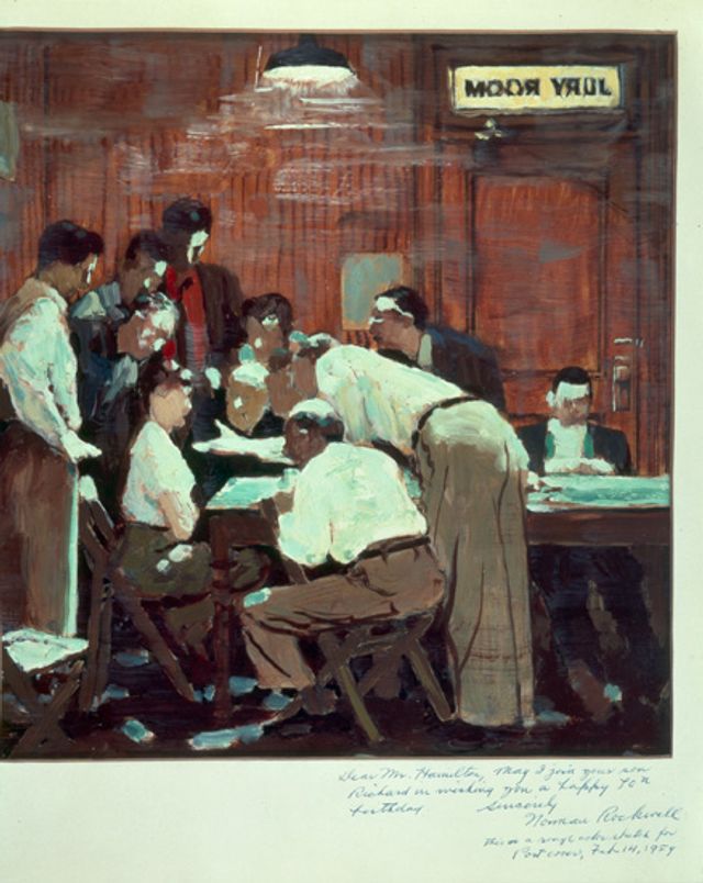 Rockwell's oil on paper of a woman sitting down surrounded by men inside a jury room.