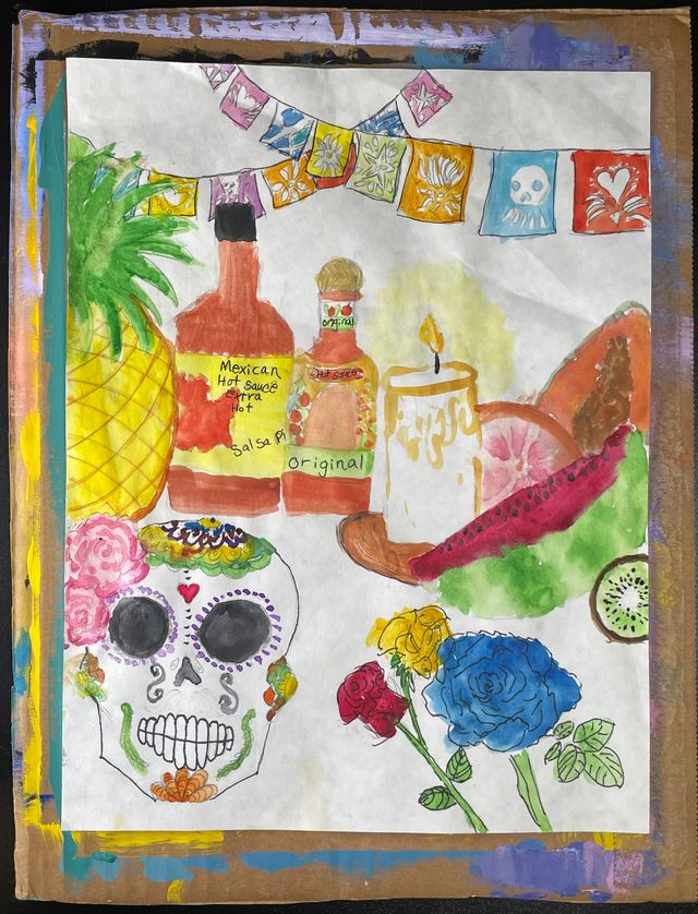 An color drawing of families cultural items.