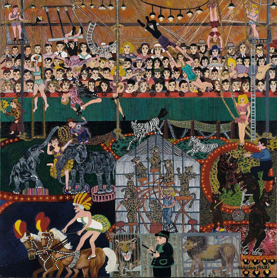 A painting of a circus with people and animals. 