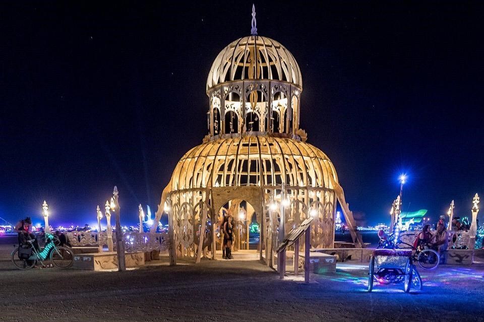 The Chapel of Chimes at Burning Man at night