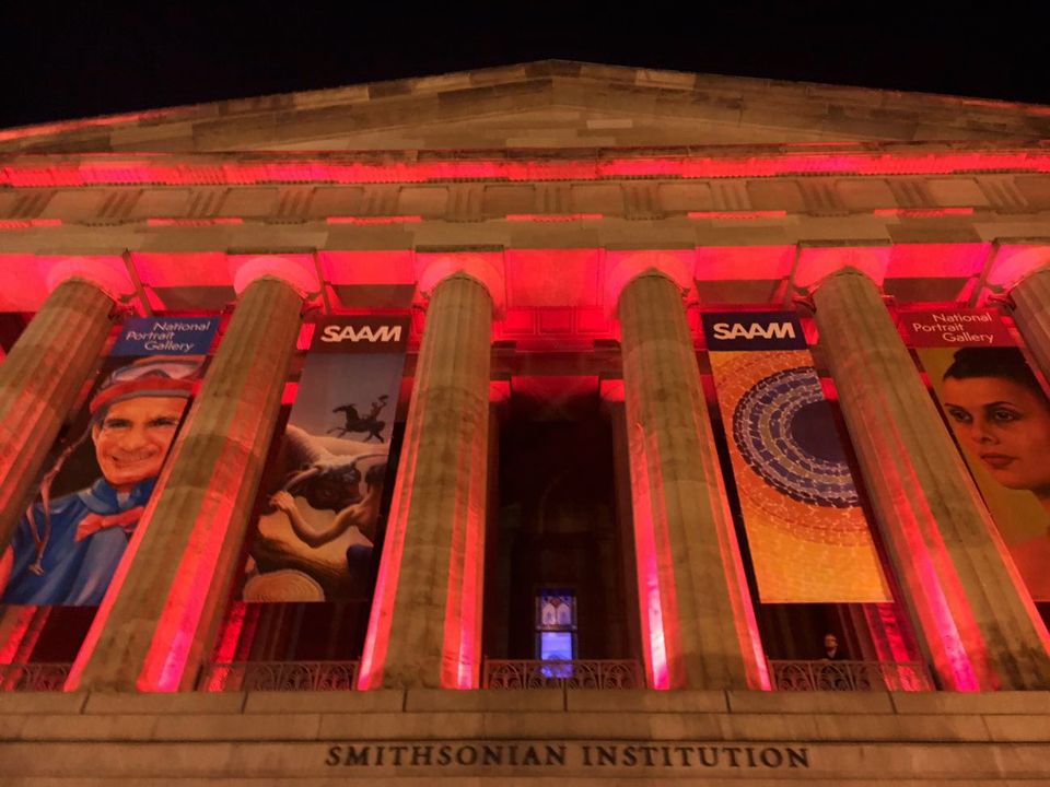 Lighting up the entrance to the Reynolds Center in honor of the Washington Capitals. 