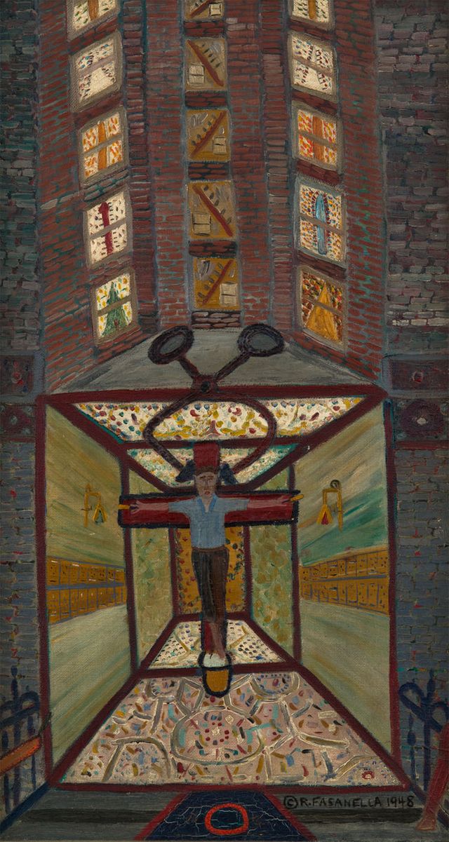 Fasanella's Iceman Crucified, a painting of a man being crucified inside of a room.