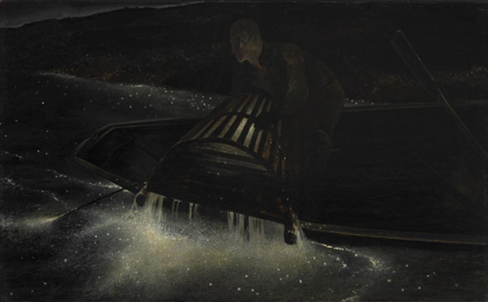 Wyeth's tempera painting of a man on a boat at night.