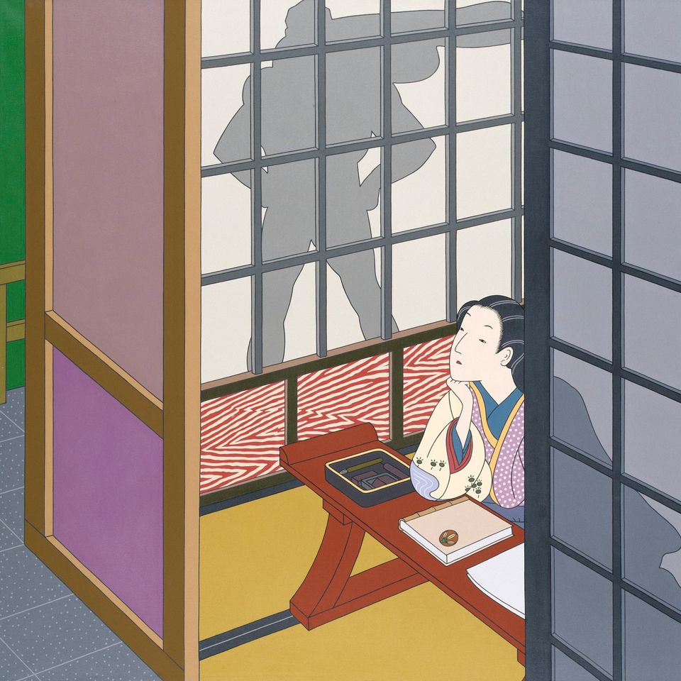 A painting of a woman sitting down with a shadow in her window of a figure. 