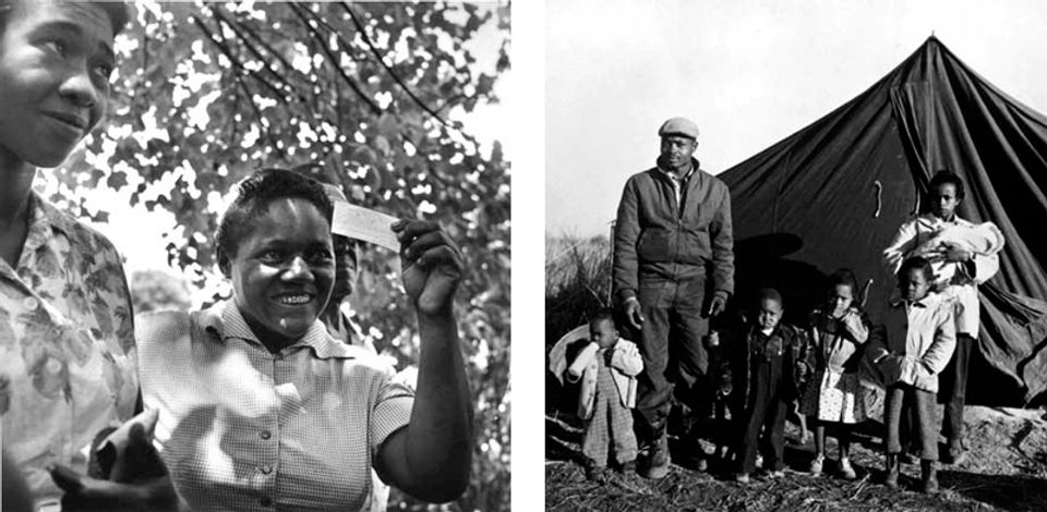 The photo to the left shows a woman with her voter registration card and the photo to the right shows a family that lives in a tent.