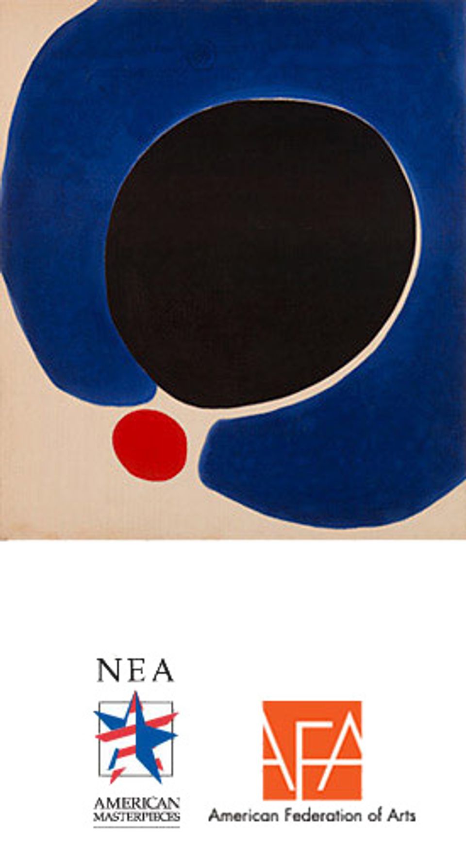 This is a painting of a large black circle and a smaller red circle surrounded by a blue mass. 