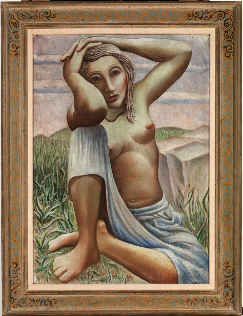 A painting of a woman sitting down with her hands in her hair. 
