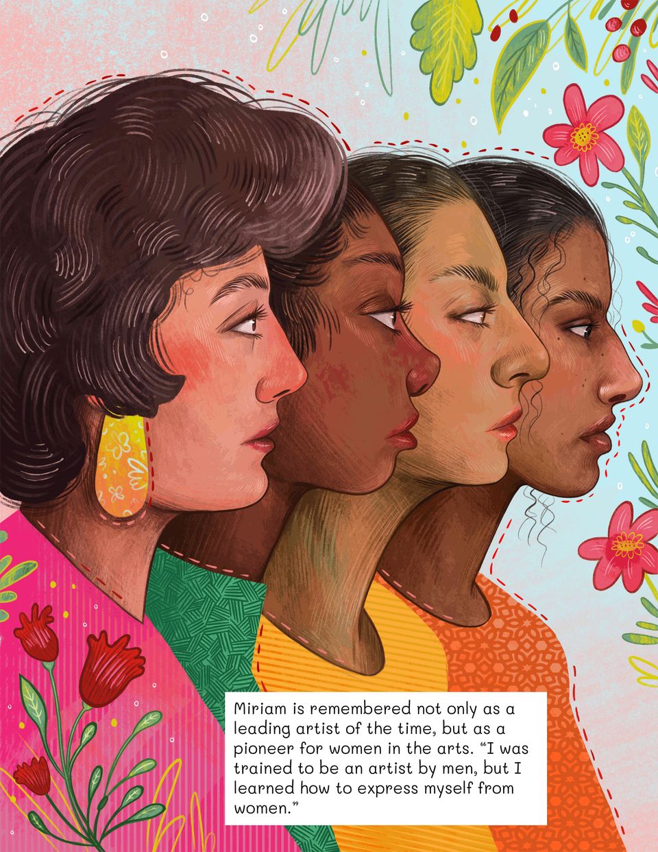 An illustration of four women’s overlapping profiles, with floral details on a blue and pink background, and a text box at the bottom.