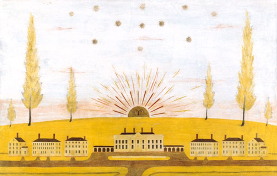 Rufus Porter's watercolor on plaster of a landscape with the white house in the middle.