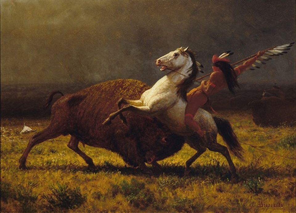 Bierstadt's oil on canvas of a man on a horse attacking a buffalo.