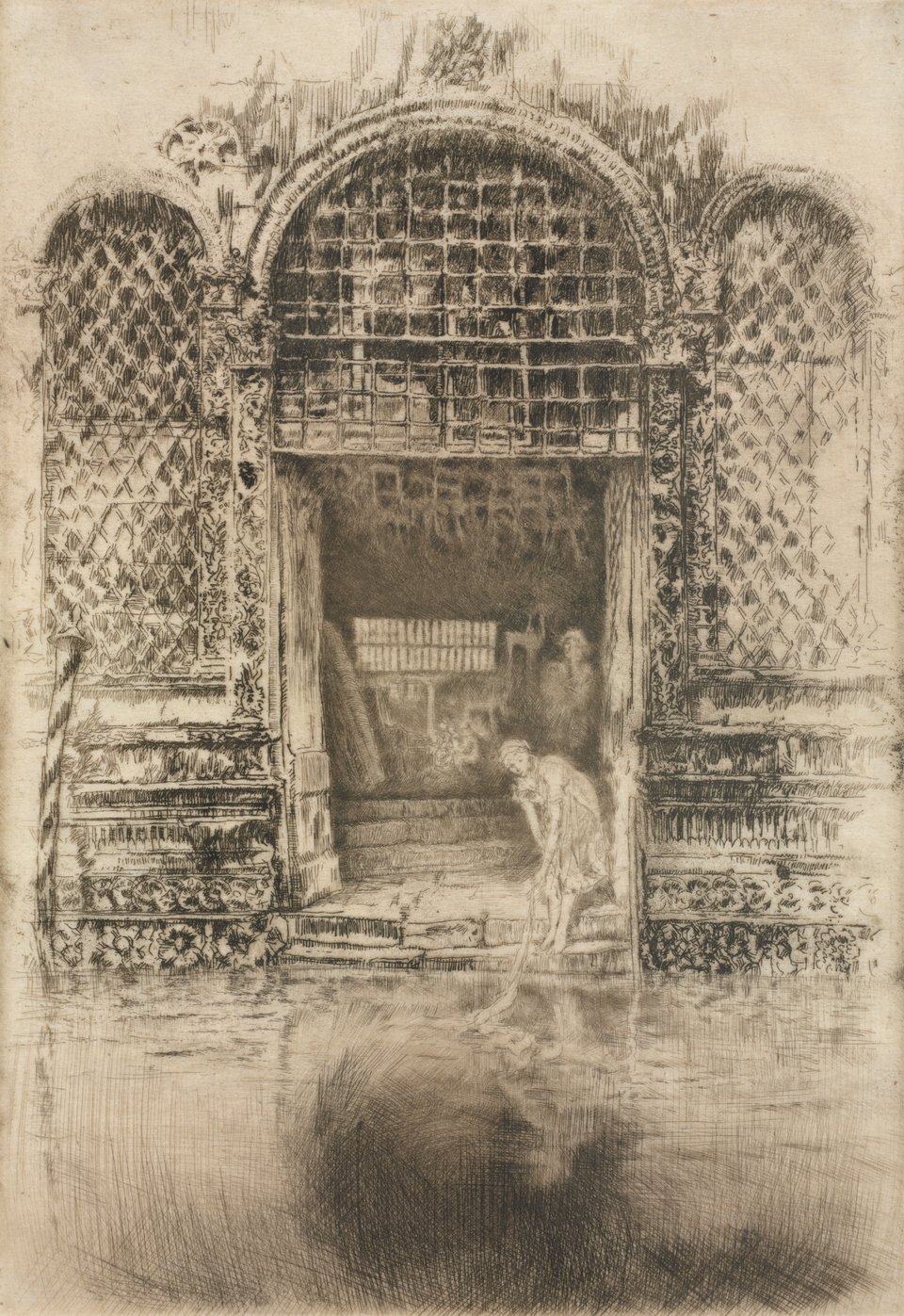 An etching of a large open door next to a canal. A girl is leaning out of the doorway toward the river.