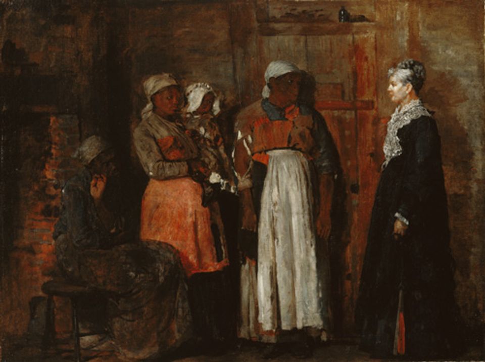 Homer's oil on canvas of four black women looking towards a white woman.