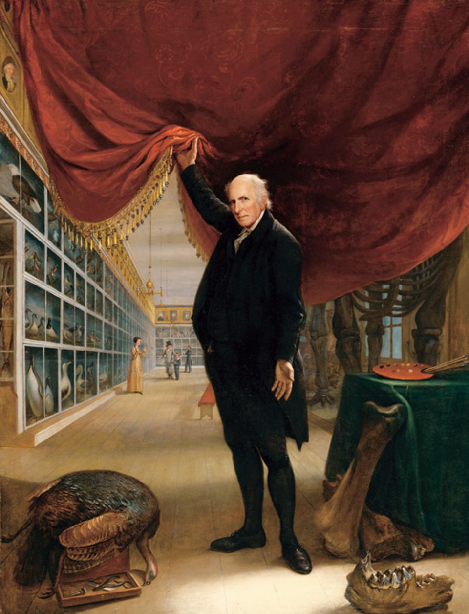 Peale's oil on canvas of himself in his museum holding up a red curtain.