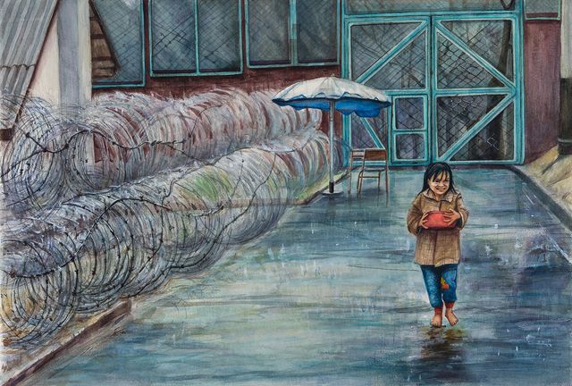 A painting of a little girl walking with something red in her hands and barbwire to her right.