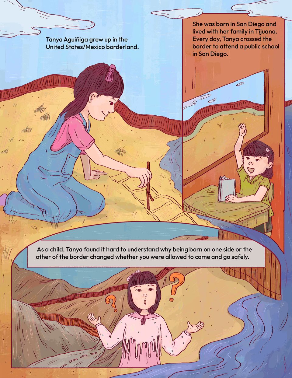 Illustrations of Tanya growing up on the US/Mexico border, with written description.