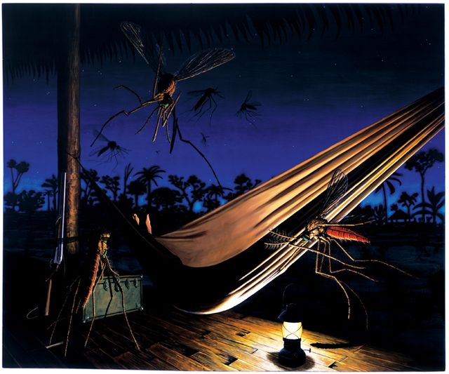 Rockman's oil painting of a hammock being surrounded by mosquitoes. 