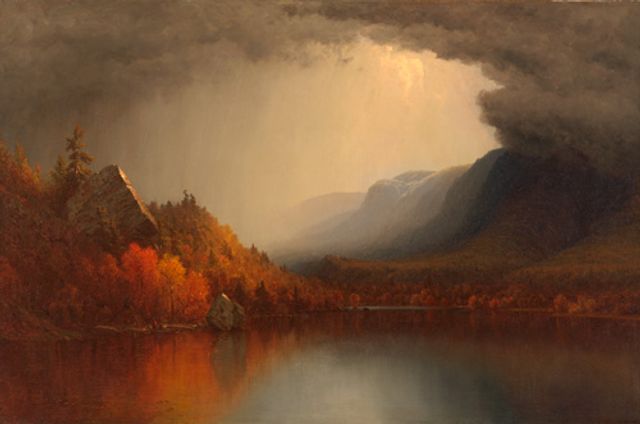 Gifford's oil on canvas of a storm coming off the mountains and into a valley with water.