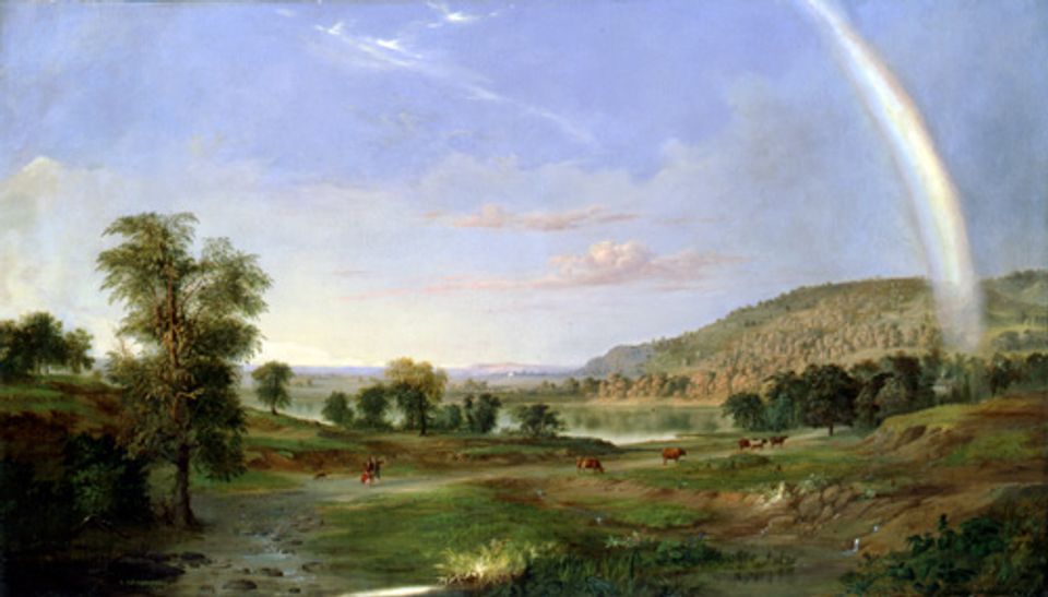 Duncanson's oil on canvas of a landscape painting with a rainbow.