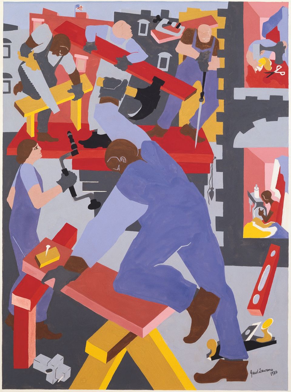 Blue and red graphic painting of men doing construction work
