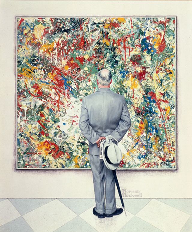 Rockwell's oil on canvas of a man standing in front of a painting in a museum.