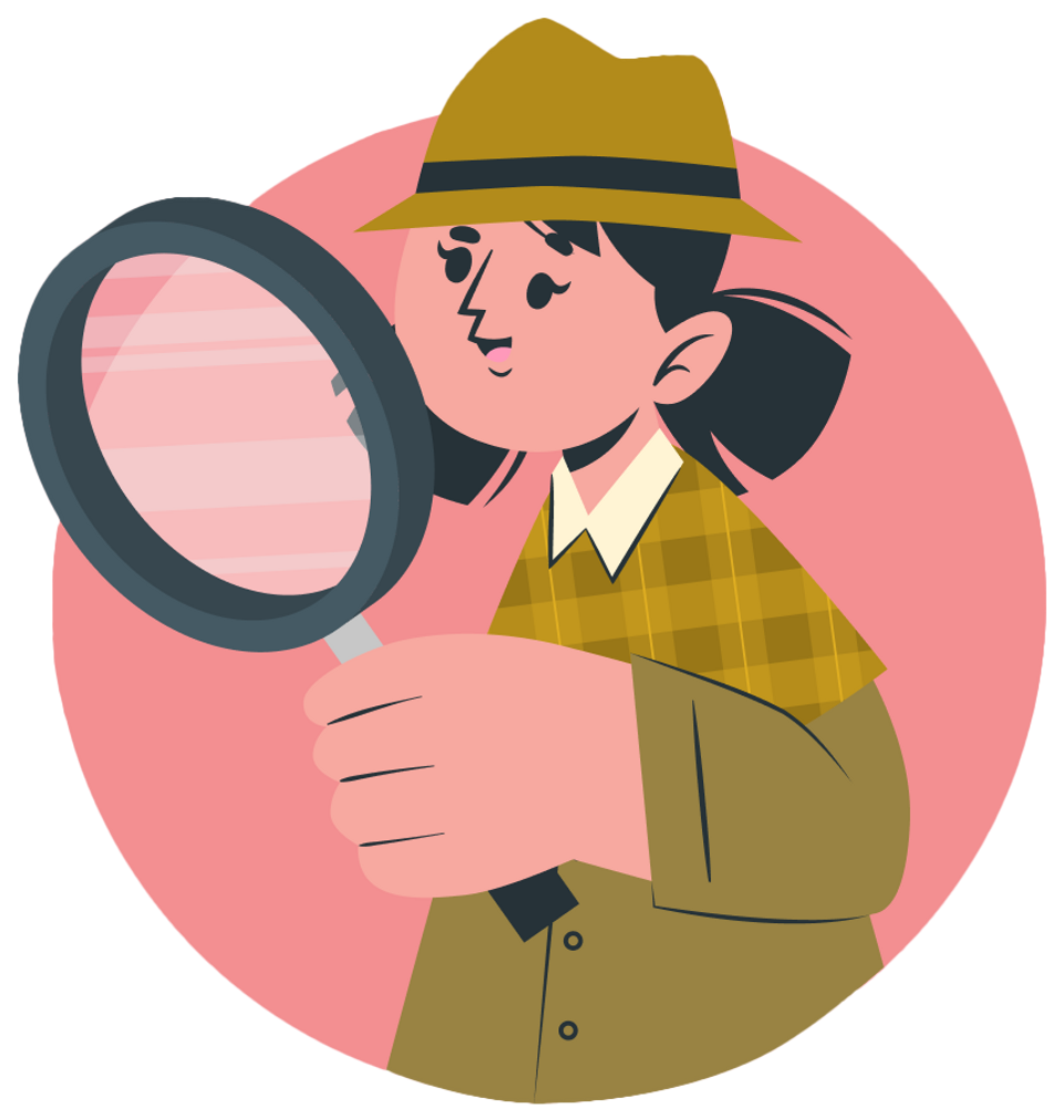 Illustration of a girl wearing a fedora and looking through a larger-than-life magnifying glass.