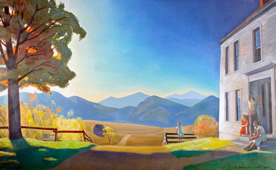 Kent's oil painting of a landscape with a tree to the left and a house to the right and mountains in the background.